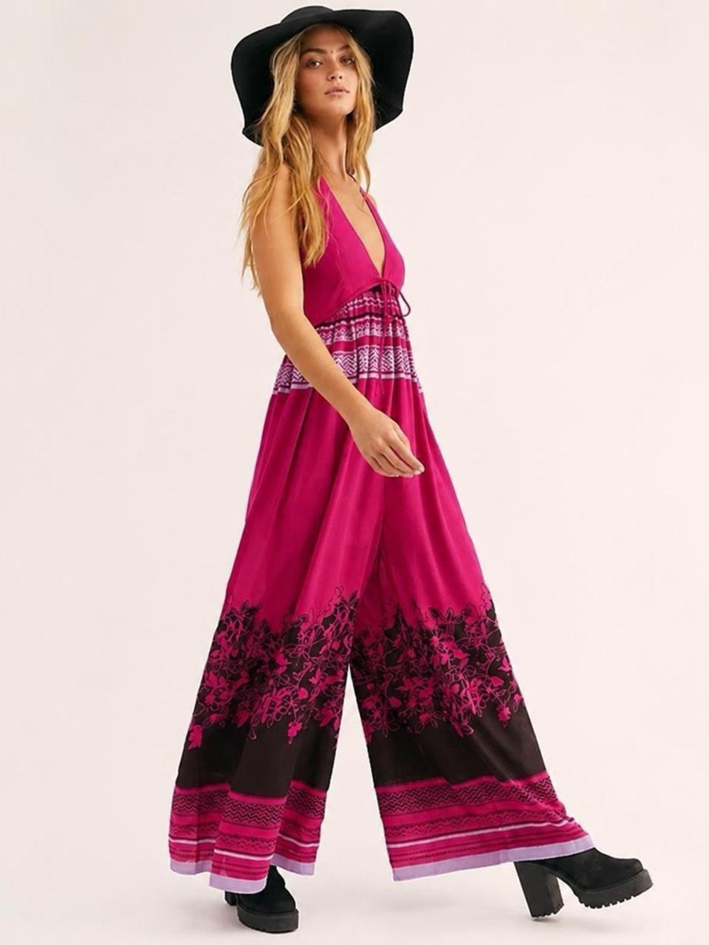 Free People Magenta Halter Wide-Leg Jumpsuit with Black Border